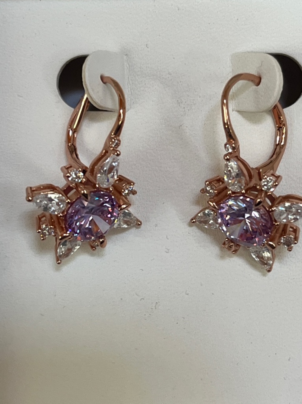 Rose Gold plated Floral Earrings with Lavender CZ Crystal Center - Picture 9 of 10